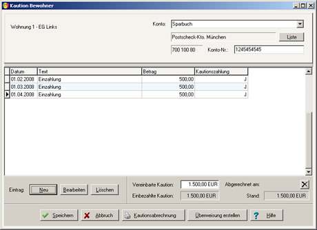 Kautionsverwaltung in Win-CASA Miet