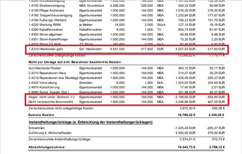 Richtige Darstellung von Brennstoffvorräten in einer WEG-Abrechnung bei Win-CASA