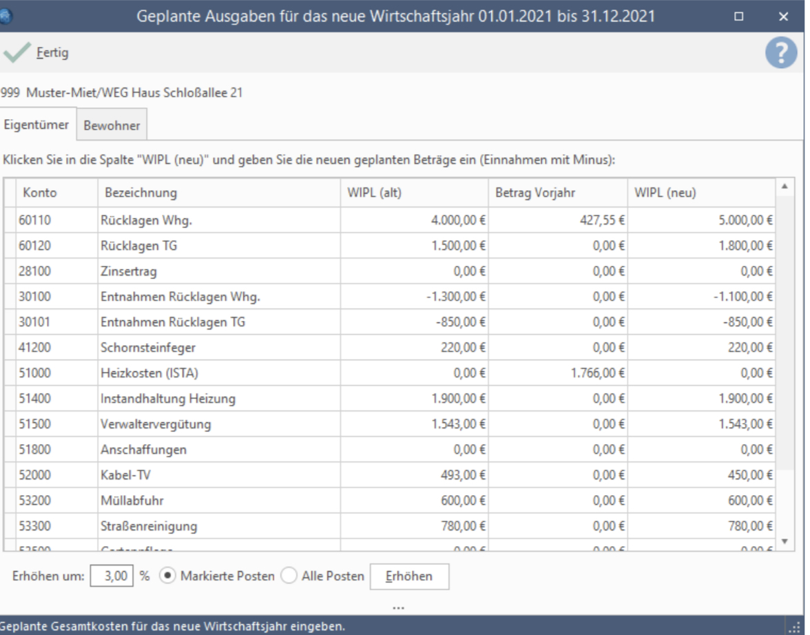 Win-CASA geplante Ausgaben neues Wirtschaftsjahr