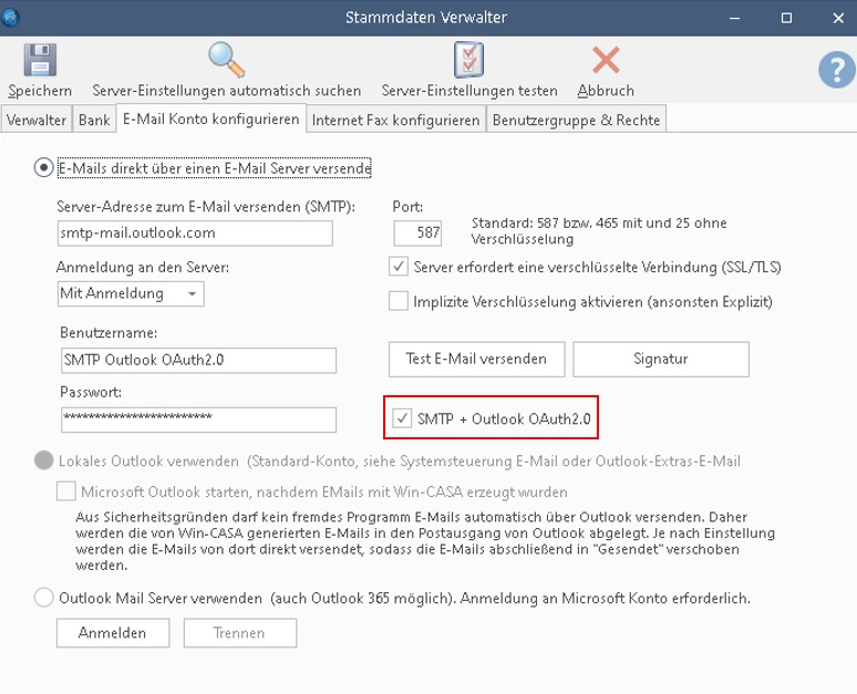 OAuth 2.0 - E-Mail Einstellungen in Win-CASA für Benutzer ohne CRM-Modul