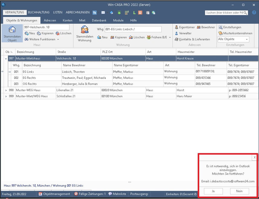 Beispielbild PopUp Fenster für erneuten Login von Win-CASA in Outlook/ Exchange Online