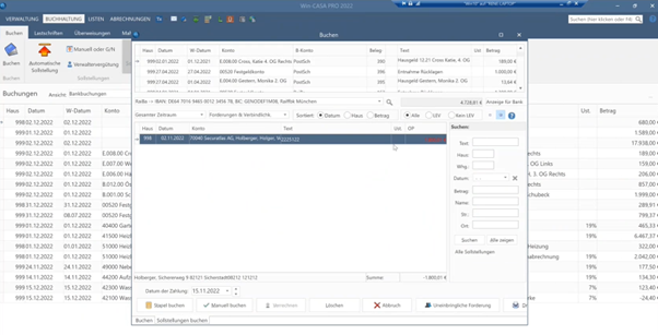 Buchungen in der Liste bei Win-CASA