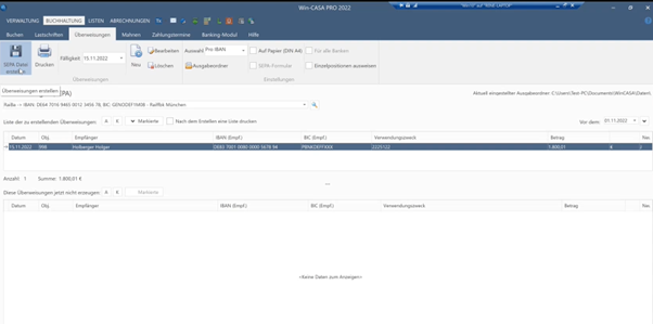 automatisch erstellte Überweisungen in Win-CASA