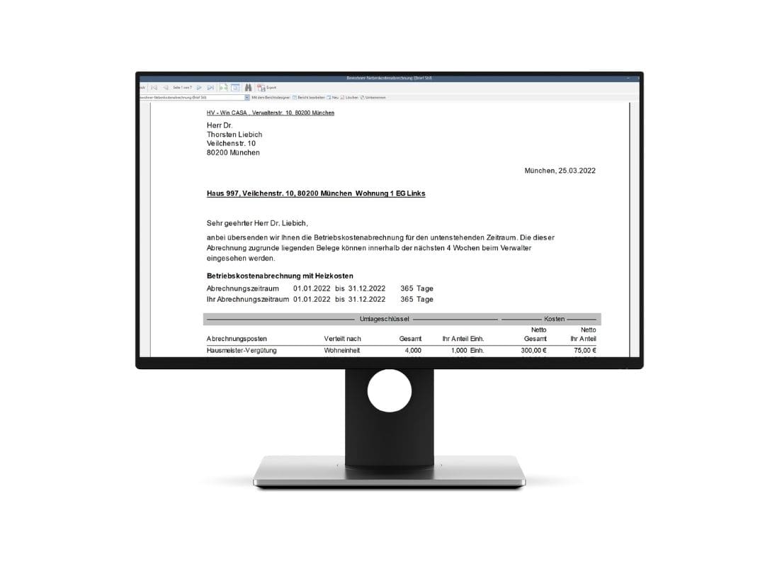Win-CASA Nebenkostenabrechnung auf Computerbildschirm Eigenbestandsverwalter