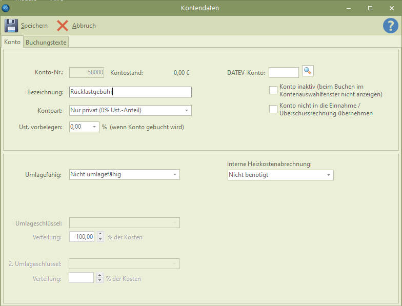 Kontoeinstellung Rücklastschrift nicht umlagefähig